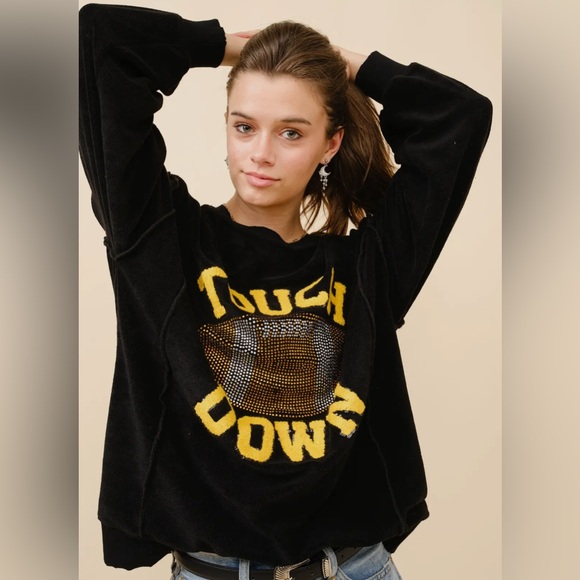 NEW Blue B. Touchdown Black Terry Rhinestone Football Game Day Sweatshirt OS - Picture 3 of 7